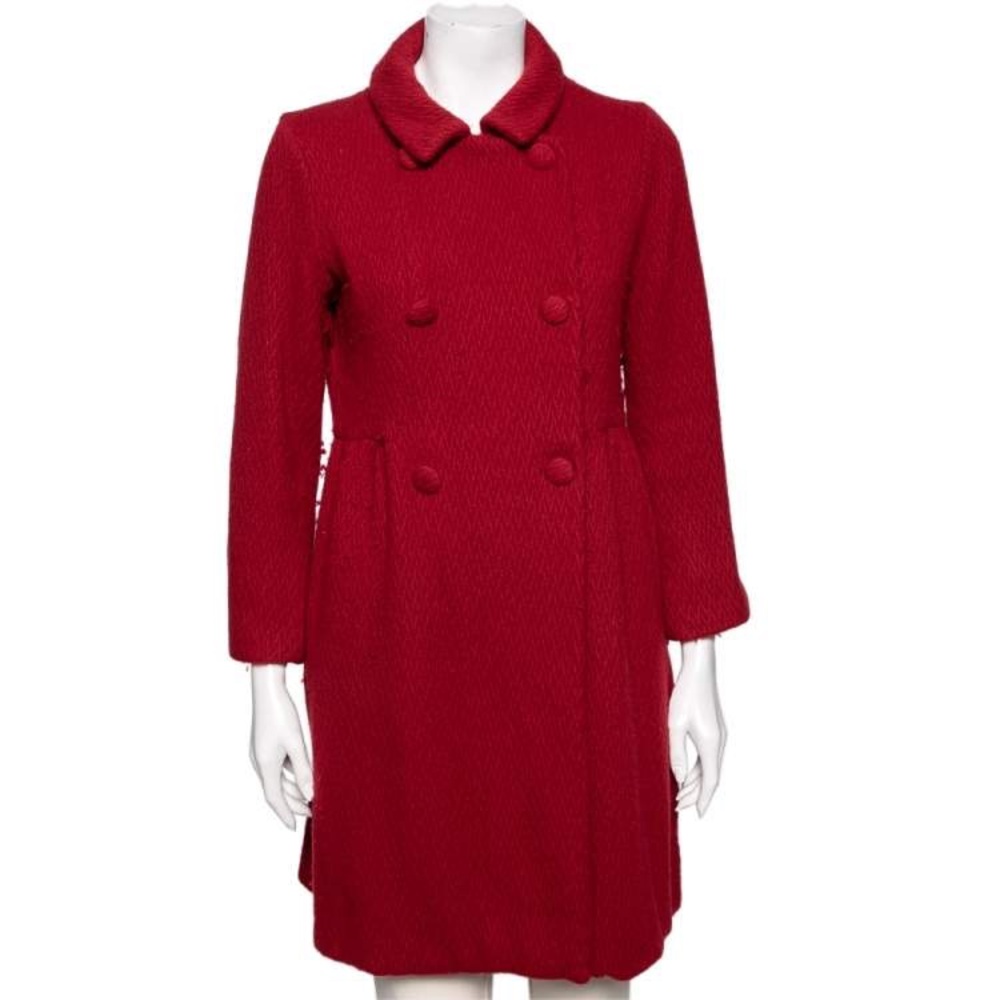 Carolina Herrera Designer Red Double Breasted Woven Texture Wool Blend CoatSz M